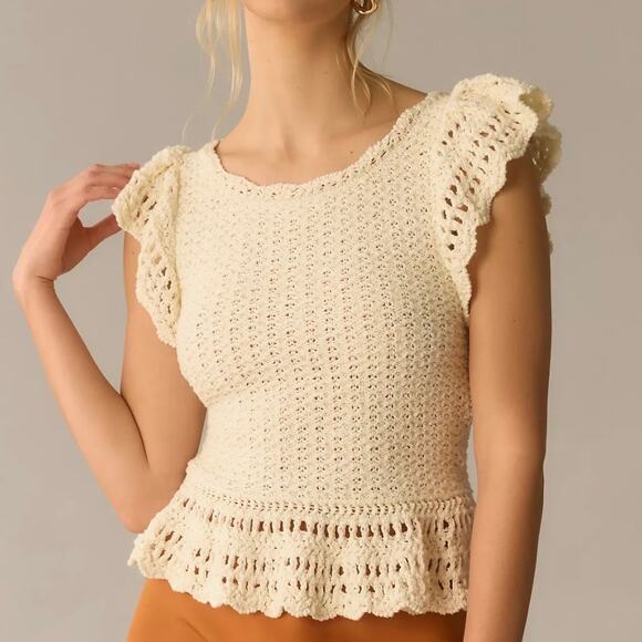 Anthropologie Flutter-Sleeve Knit Sweater Top size XL cream cotton viscose New - Picture 2 of 9